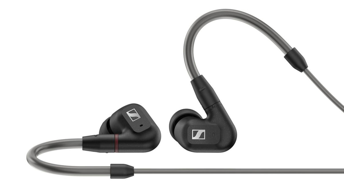 Sennheiser IE 300 earbuds and ear hooks are black on a white background.