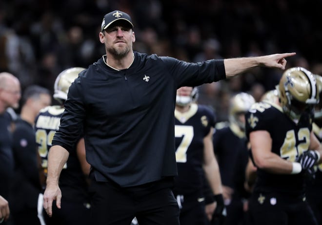 New Orleans Saints assistant coach and narrow-team coach Dan Campbell during the play-off match preliminary match against the Philadelphia Eagles at the Mercedes-Benz Super Dome, January 13, 2019.