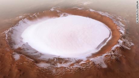 Ice can be found in many places on the cold planet.  The European Space Agency's Mars Express mission captured this image of the Korolev crater, which is more than 50 miles wide and filled with water ice, near the North Pole.