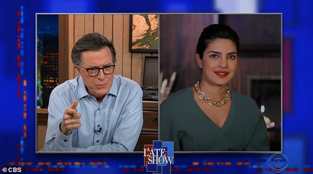 Good Conversation: The Indian-born actress who lives in Los Angeles spoke with Stephen Colbert on Thursday evening