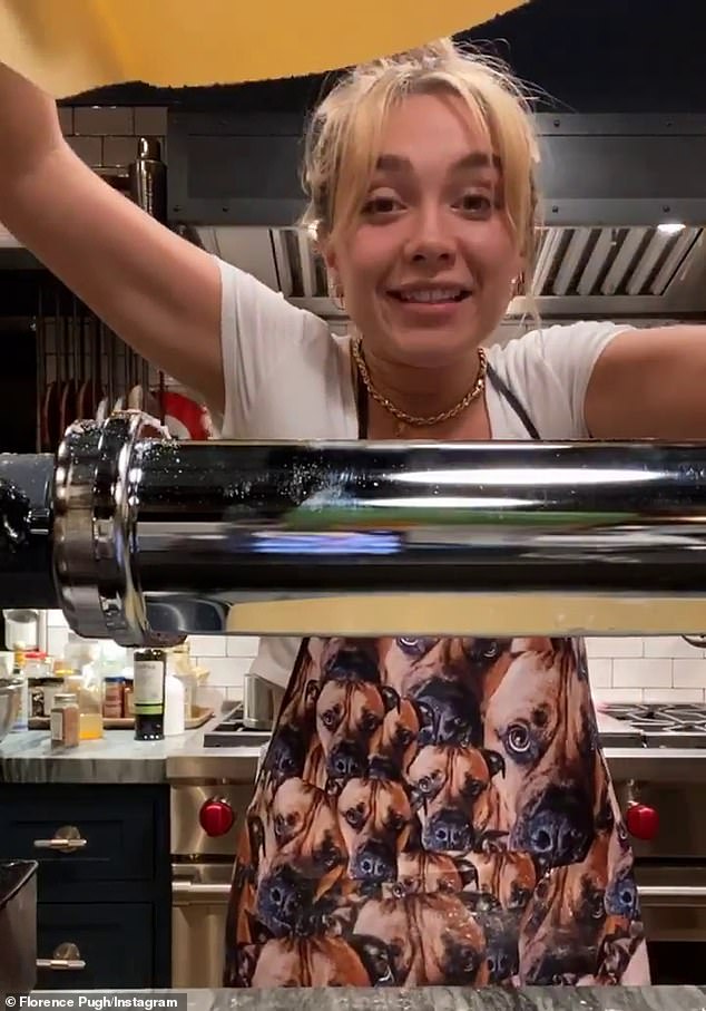 Tentative 1: Florence Pugh, 25, shared her first attempt at making homemade pasta with boyfriend Zach Braff, 45, in Insta Stories videos posted on Saturday